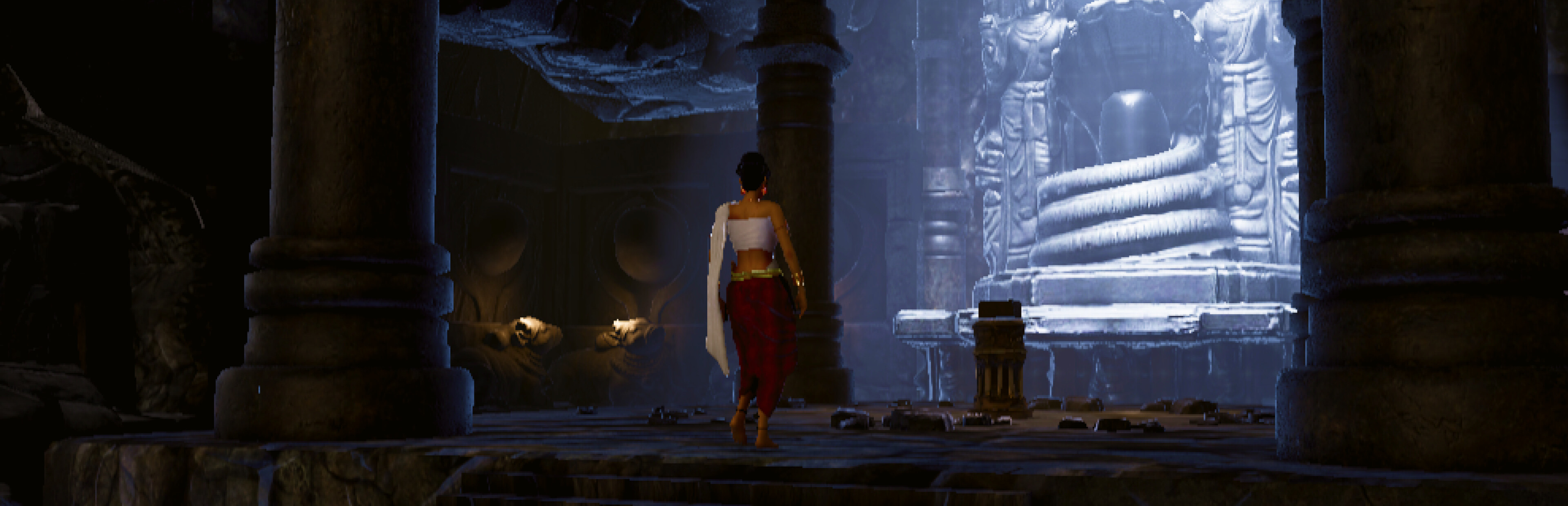 Gargi walking through a vast ancient temple chamber in Mihira: The Eternal Arc
